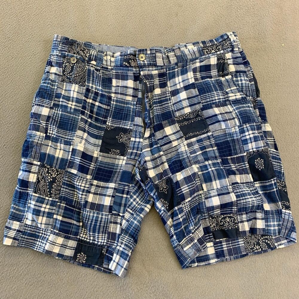 Polo Ralph Lauren Shorts Mens 35x9 Blue Plaid Paisley Indian Madras Patchwork